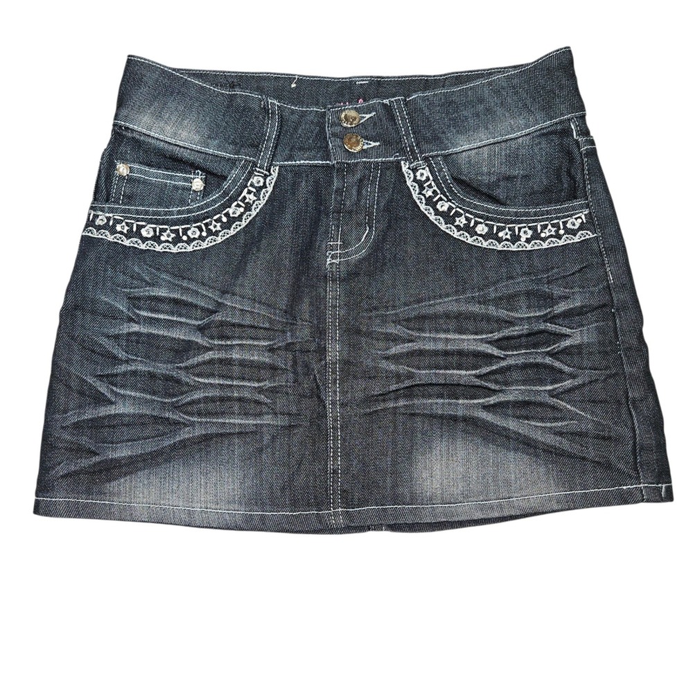 Studio G VTG Y2K Embroidered Rhinestone Denim Mini Skirt Dark Wash Sz 11/12